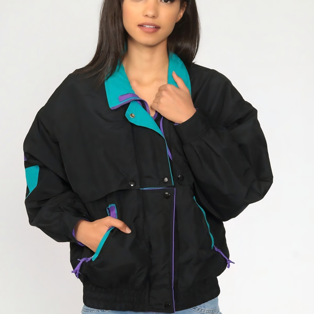 Cabin Creek Bomber Jacket Black and Green Relaxed Fit Vtg 90s